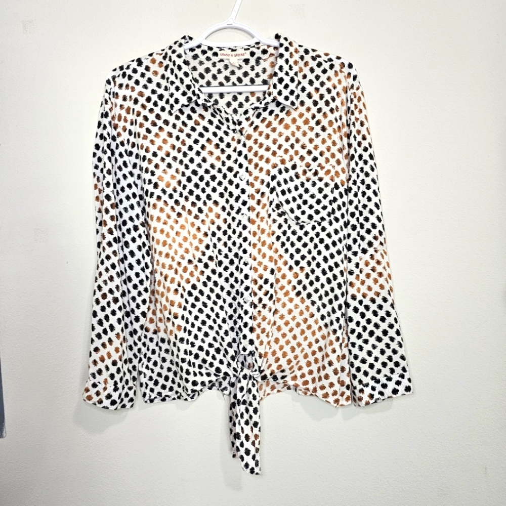 Black And Tan Polka Dot Tir Front Long Sleeve Blouse